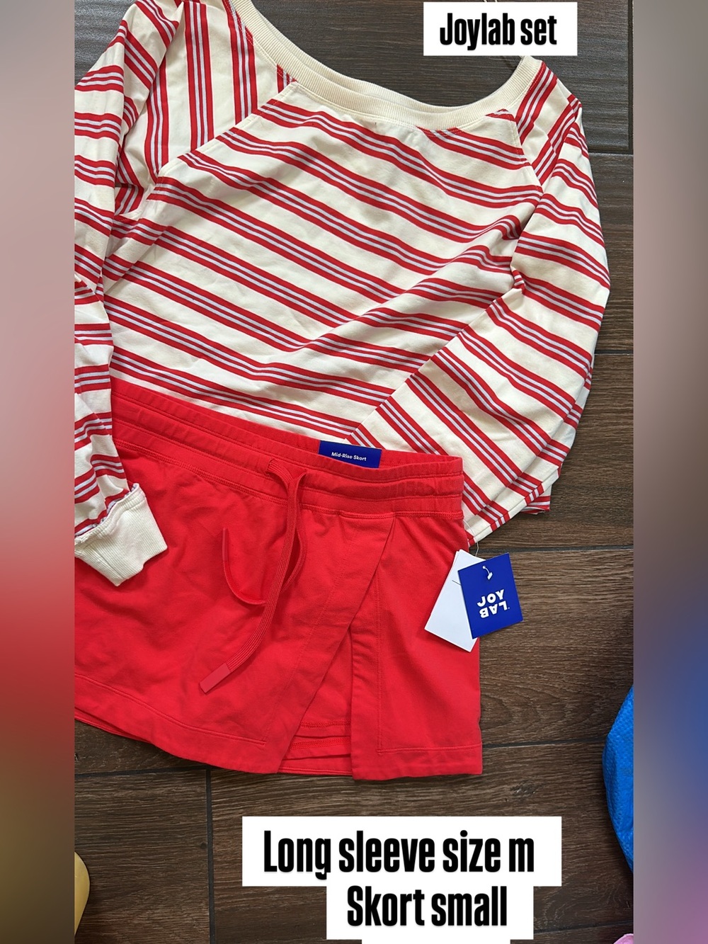 JoyLab Red and Cream Striped Long Sleeve Top with Red Skort set